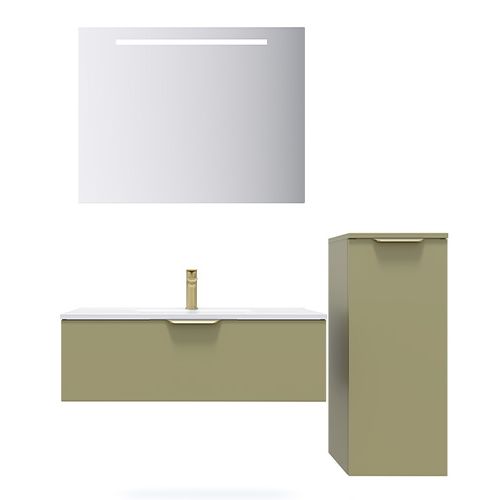 Meuble de salle de bain suspendu vasque intégrée 90cm 1 tiroir Vert olive + miroir + colonne ouverture droite - Swing