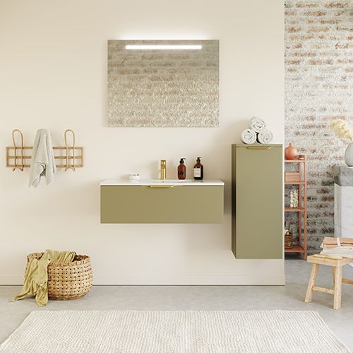 Meuble de salle de bain suspendu vasque intégrée 90cm 1 tiroir Vert olive + miroir + colonne ouverture droite - Swing