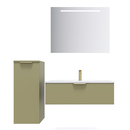 Meuble de salle de bain suspendu vasque intégrée 90cm 1 tiroir Vert olive + miroir + colonne ouverture gauche - Swing