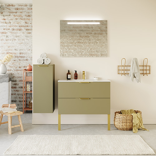 Meuble de salle de bain suspendu vasque intégrée 90cm 2 tiroirs Vert olive + miroir - Swing