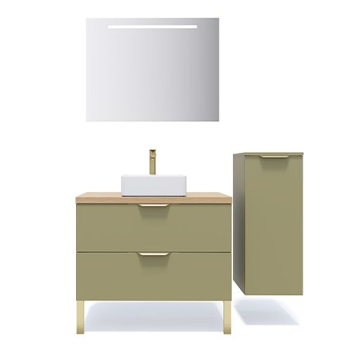 Meuble de salle de bain suspendu vasque à poser 90cm 2 tiroirs Vert olive + miroir + colonne ouverture droite - Swing