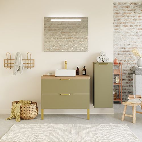 Meuble de salle de bain suspendu vasque à poser 90cm 2 tiroirs Vert olive + miroir + colonne ouverture droite - Swing