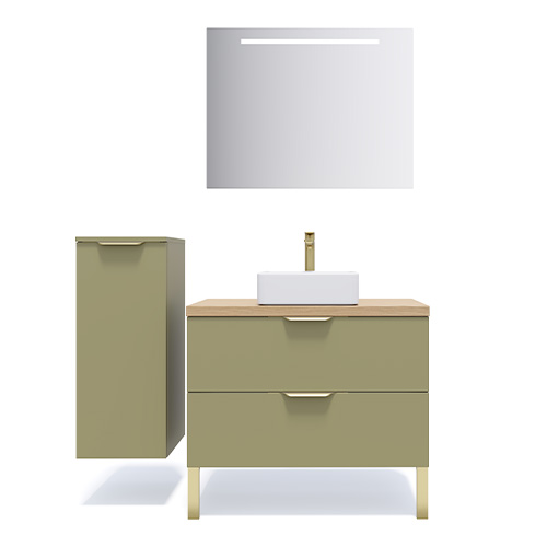 Meuble de salle de bain suspendu vasque à poser 90cm 2 tiroirs Vert olive + miroir + colonne ouverture gauche - Swing