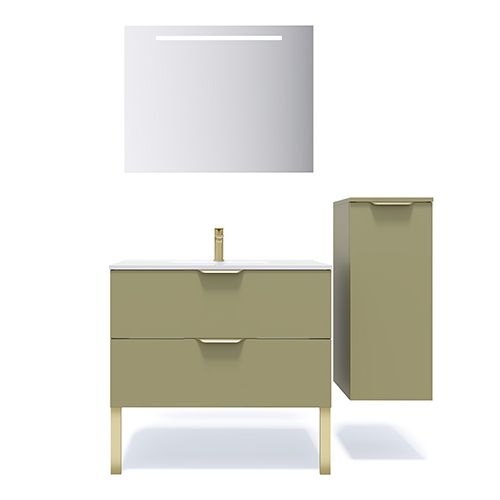 Meuble de salle de bain suspendu vasque intégrée 90cm 2 tiroirs Vert olive + miroir + colonne ouverture droite - Swing