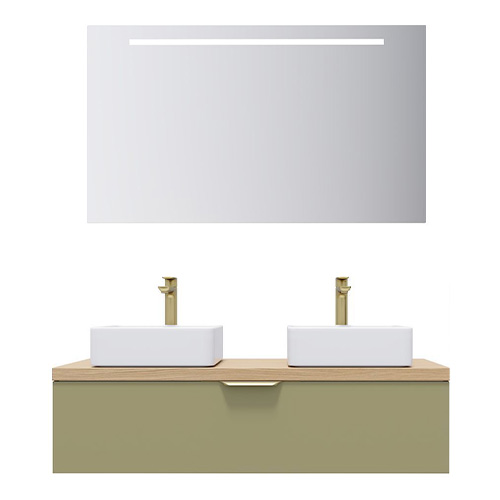 Meuble de salle de bain suspendu 2 vasques à poser 120cm 1 tiroir Vert olive + miroir - Swing