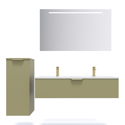 Meuble de salle de bain suspendu double vasque intégrée 120cm 1 tiroir Vert olive + miroir + colonne ouverture gauche - Swing