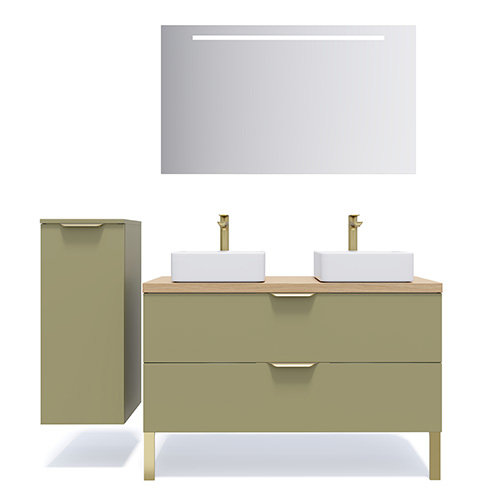 Meuble de salle de bain suspendu 2 vasques à poser 120cm 2 tiroirs Vert olive - Swing