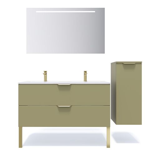 Meuble de salle de bain suspendu double vasque intégrée 120cm 2 tiroirs Vert olive + miroir + colonne ouverture droite - Swing
