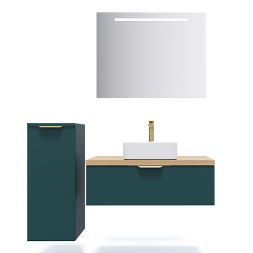 Meuble de salle de bain suspendu vasque à poser 90cm 1 tiroir Bleu + miroir + colonne ouverture gauche - Swing