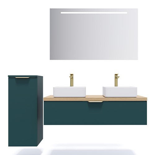 Meuble de salle de bain suspendu 2 vasques à poser 120cm 1 tiroir Bleu + miroir + colonne ouverture gauche - Swing