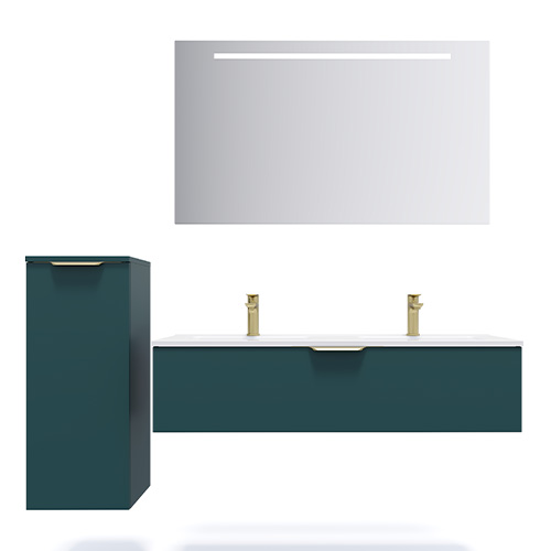 Meuble de salle de bain suspendu double vasque intégrée 120cm 1 tiroir Bleu + miroir + colonne ouverture gauche - Swing