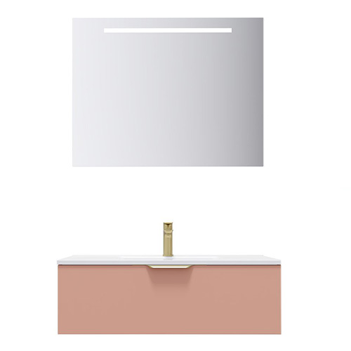 Meuble de salle de bain suspendu vasque intégrée 90cm 1 tiroir Abricot + miroir - Swing