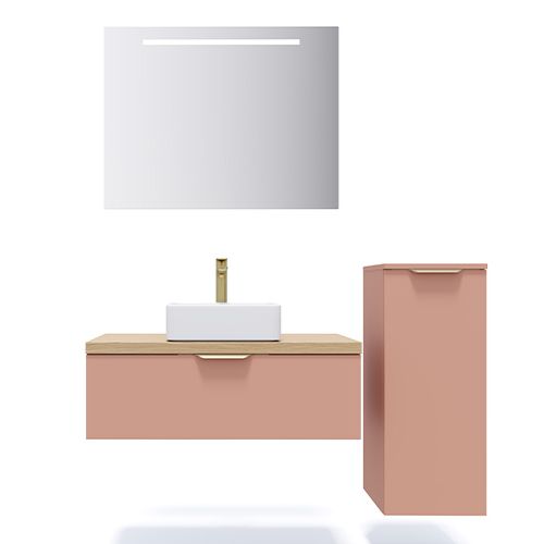 Meuble de salle de bain suspendu vasque à poser 90cm 1 tiroir Abricot + miroir + colonne ouverture droite - Swing