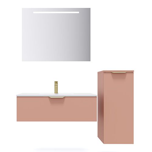 Meuble de salle de bain suspendu vasque intégrée 90cm 1 tiroir Abricot + miroir + colonne ouverture droite - Swing