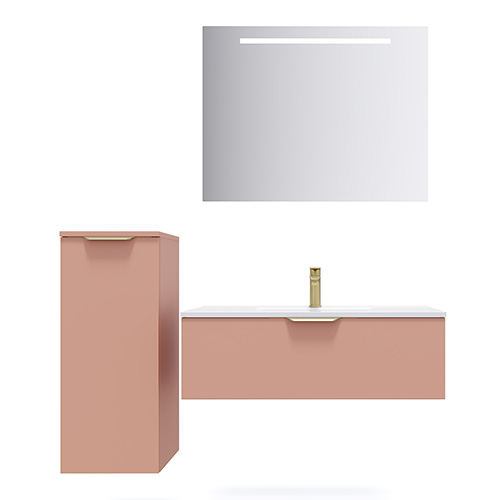 Meuble de salle de bain suspendu vasque intégrée 90cm 1 tiroir Abricot + miroir + colonne ouverture gauche - Swing