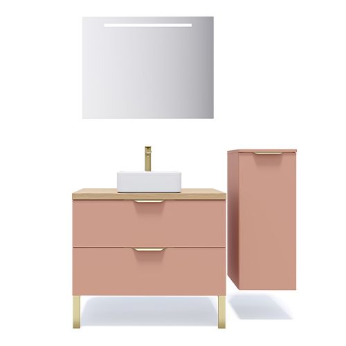 Meuble de salle de bain suspendu vasque à poser 90cm 2 tiroirs Abricot + miroir + colonne ouverture droite - Swing