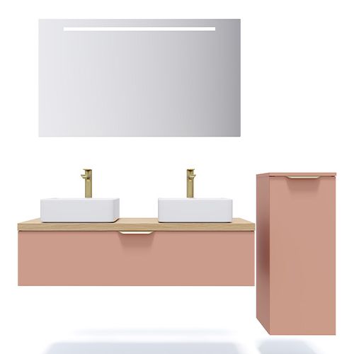 Meuble de salle de bain suspendu 2 vasques à poser 120cm 1 tiroir Abricot + miroir + colonne ouverture droite - Swing