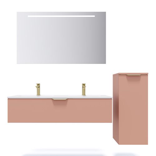 Meuble de salle de bain suspendu double vasque intégrée 120cm 1 tiroir Abricot + miroir + colonne ouverture droite - Swing