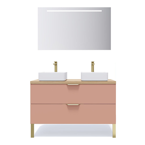 Meuble de salle de bain suspendu 2 vasques à poser 120cm 2 tiroirs Abricot + miroir - Swing
