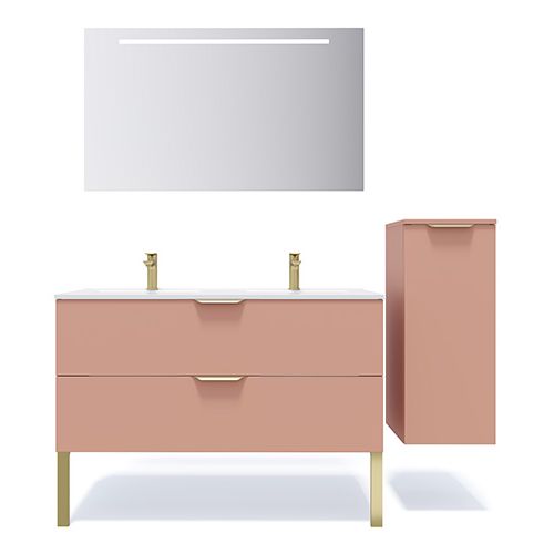 Meuble de salle de bain suspendu double vasque intégrée 120cm 2 tiroirs Abricot + miroir + colonne ouverture droite - Swing