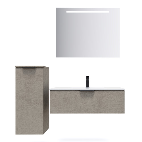 Meuble de salle de bain suspendu vasque intégrée 90cm 1 tiroir façon Béton + miroir + colonne ouverture gauche - Swing