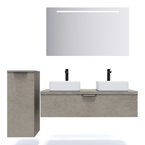 Meuble de salle de bain suspendu 2 vasques à poser 120cm 1 tiroir façon Béton + miroir + colonne ouverture gauche - Swing