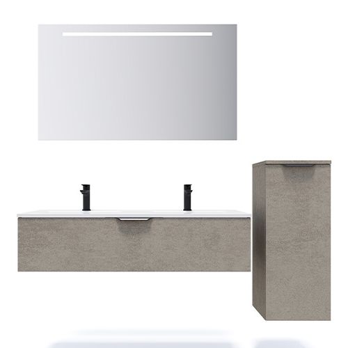 Meuble de salle de bain suspendu double vasque intégrée 120cm 1 tiroir façon Béton + miroir + colonne ouverture droite - Swing