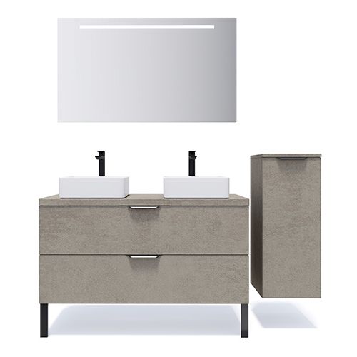 Meuble de salle de bain suspendu 2 vasques à poser 120cm 2 tiroirs façon Béton + miroir + colonne ouverture droite - Swing