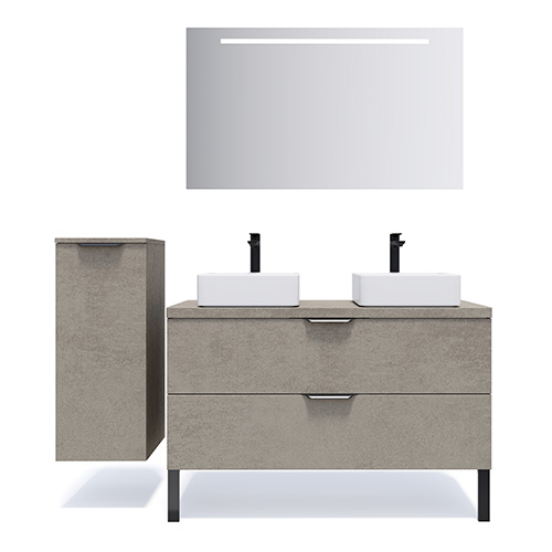 Meuble de salle de bain suspendu 2 vasques à poser 120cm 2 tiroirs façon Béton + miroir + colonne ouverture gauche - Swing