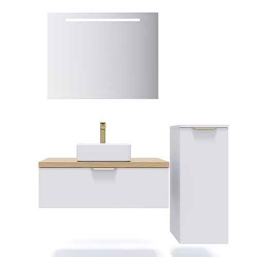 Meuble de salle de bain suspendu vasque à poser 90cm 1 tiroir Blanc + miroir + colonne ouverture droite - Swing