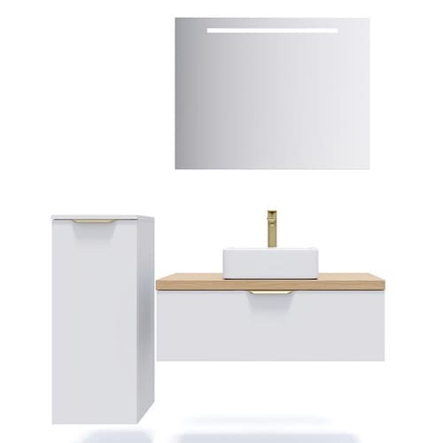 Meuble de salle de bain suspendu vasque à poser 90cm 1 tiroir Blanc + miroir + colonne ouverture gauche - Venice