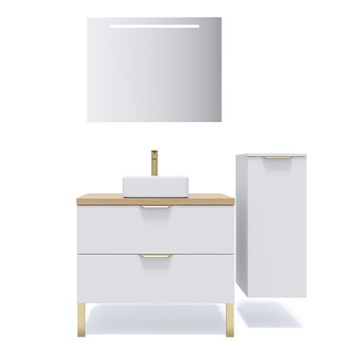 Meuble de salle de bain suspendu vasque à poser 90cm 2 tiroirs Blanc + miroir + colonne ouverture droite - Swing