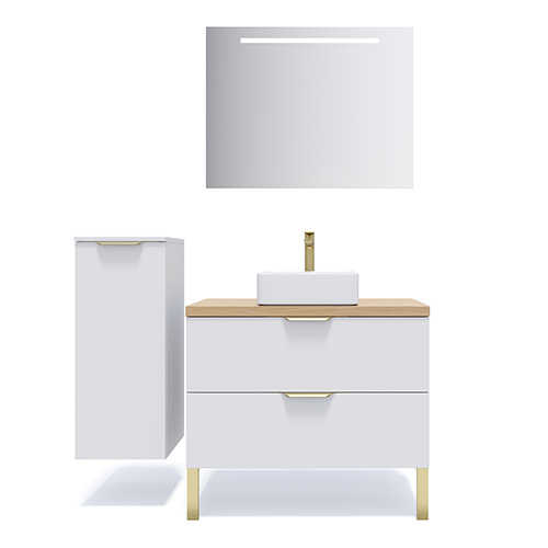 Meuble de salle de bain suspendu vasque à poser 90cm 2 tiroirs Blanc + miroir + colonne ouverture gauche - Swing