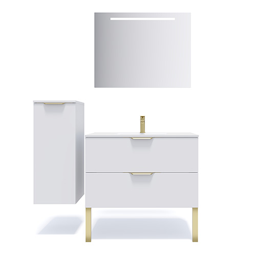 Meuble de salle de bain suspendu vasque intégrée 90cm 2 tiroirs Blanc + miroir + colonne ouverture gauche - Swing