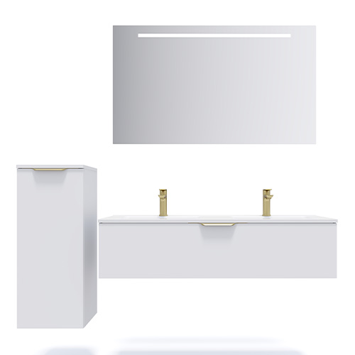 Meuble de salle de bain suspendu double vasque intégrée 120cm 1 tiroir Blanc + miroir + colonne ouverture gauche - Swing