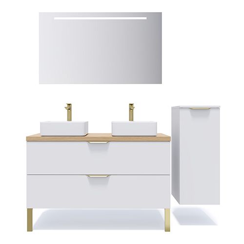 Meuble de salle de bain suspendu 2 vasques à poser 120cm 2 tiroirs Blanc + miroir + colonne ouverture droite - Swing