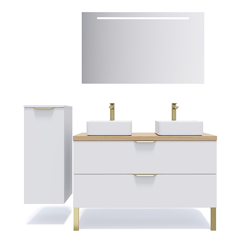Meuble de salle de bain suspendu 2 vasques à poser 120cm 2 tiroirs Blanc + miroir + colonne ouverture gauche - Swing