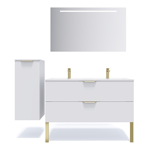 Meuble de salle de bain suspendu double vasque intégrée 120cm 2 tiroirs Blanc + miroir + colonne ouverture gauche - Swing