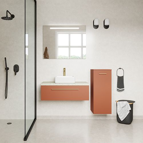 Meuble de salle de bain suspendu vasque à poser 90cm 1 tiroir Terracotta + miroir + colonne ouverture droite - Glasgow