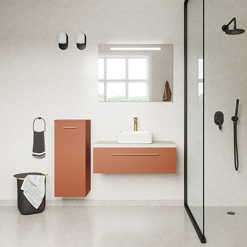 Meuble de salle de bain suspendu vasque à poser 90cm 1 tiroir Terracotta + miroir + colonne ouverture gauche - Osmose