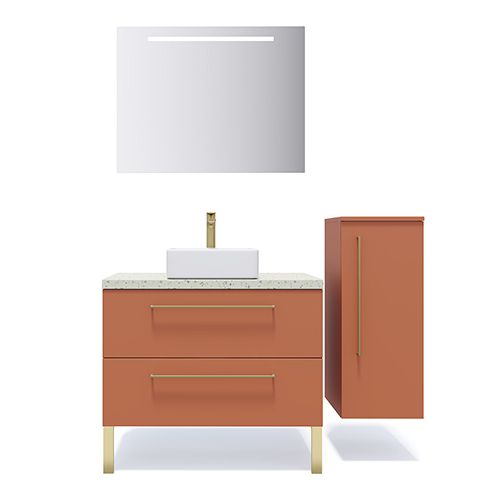 Meuble de salle de bain suspendu vasque à poser 90cm 2 tiroirs Terracotta + miroir + colonne ouverture droite - Osmose