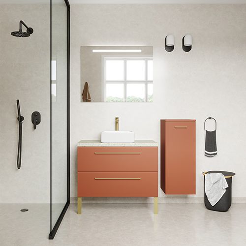 Meuble de salle de bain suspendu vasque à poser 90cm 2 tiroirs Terracotta + miroir + colonne ouverture droite - Glasgow