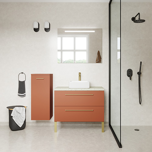 Meuble de salle de bain suspendu vasque à poser 90cm 2 tiroirs Terracotta + miroir + colonne ouverture gauche - Osmose
