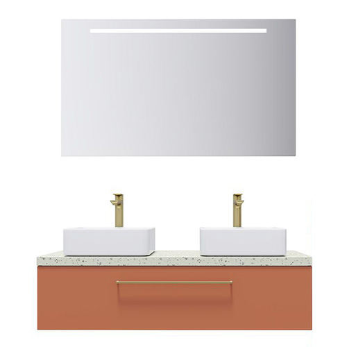 Meuble de salle de bain suspendu 2 vasques à poser 120cm 1 tiroir Terracotta + miroir - Osmose