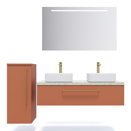 Meuble de salle de bain suspendu 2 vasques à poser 120cm 1 tiroir Terracotta + miroir + colonne ouverture gauche - Osmose