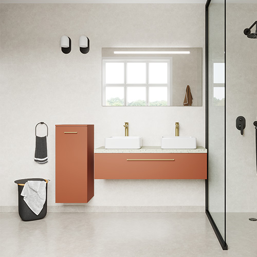Meuble de salle de bain suspendu 2 vasques à poser 120cm 1 tiroir Terracotta + miroir + colonne ouverture gauche - Osmose