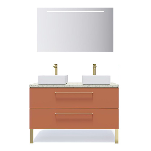 Meuble de salle de bain suspendu 2 vasques à poser 120cm 2 tiroirs Terracotta + miroir - Osmose