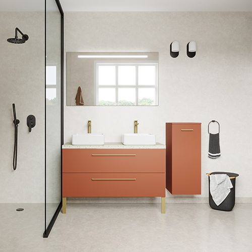 Meuble de salle de bain suspendu 2 vasques à poser 120cm 2 tiroirs Terracotta + miroir + colonne ouverture droite - Osmose