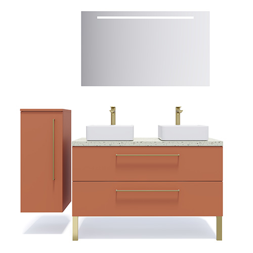 Meuble de salle de bain suspendu 2 vasques à poser 120cm 2 tiroirs Terracotta + miroir + colonne ouverture gauche - Osmose