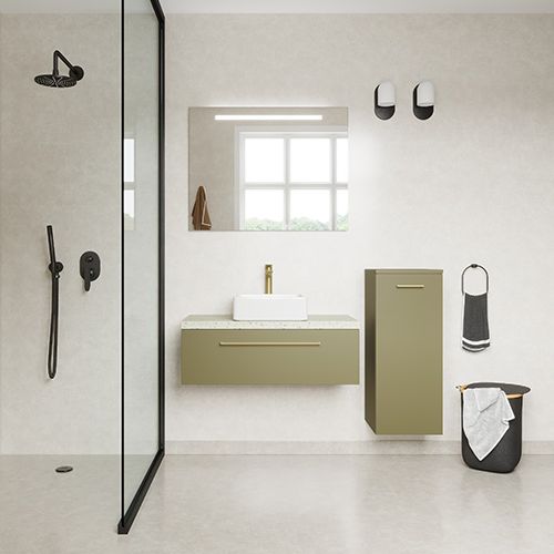 Meuble de salle de bain suspendu vasque à poser 90cm 1 tiroir Vert olive + miroir + colonne ouverture droite - Osmose